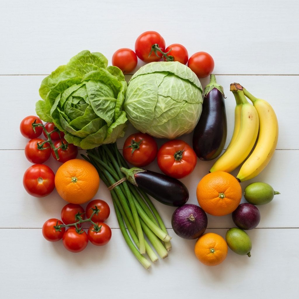 Diverse fresh foods representing energy balance